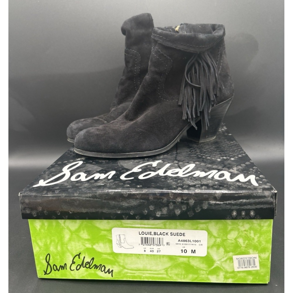 Women's Boot's Suede 10M Sam Edelman Fringe Side Zip Up Ankle Booties Black GUC